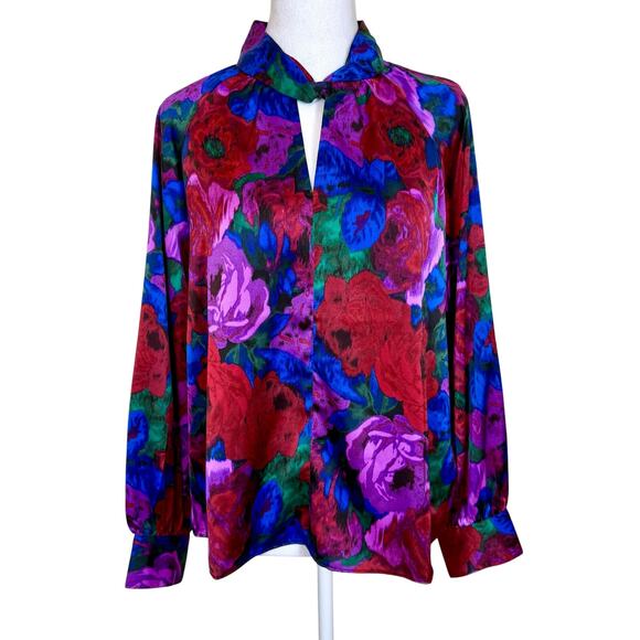 Talbots Twist Neck Satin Charmeuse Top Wrapped Jewel Tone Floral Large Petite - Picture 1 of 9